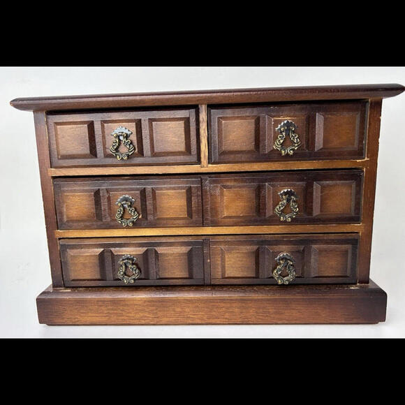 Vintage Brown Wood 4 Drawer Music Jewelry Box Chest Yellow Velvet 7"H x 10.5"L - Picture 9 of 11